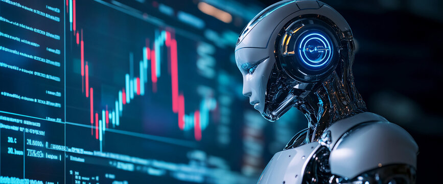 White robot observing stock market data displayed on a screen, showcasing artificial intelligence in finance, representing technological advancement and future of trading