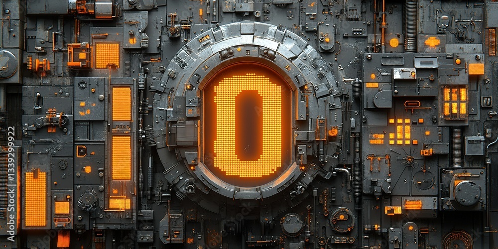 Poster digital art featuring a futuristic display with glowing elements set against a mechanical backdrop i