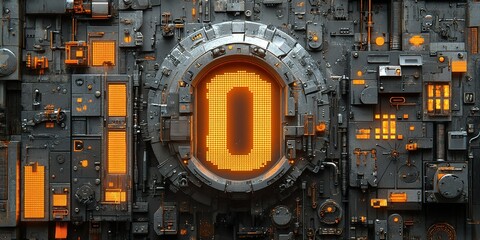 Fototapeta premium Digital art featuring a futuristic display with glowing elements set against a mechanical backdrop in a sci-fi style