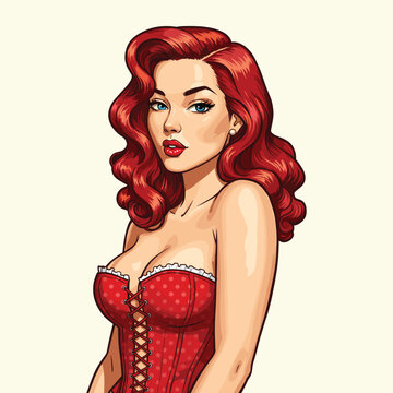 Elegant pin-up style woman with voluminous red hair and a vintage-inspired red corset. Retro glamour fashion illustration, perfect for vintage, tattoo, and pop art lovers
