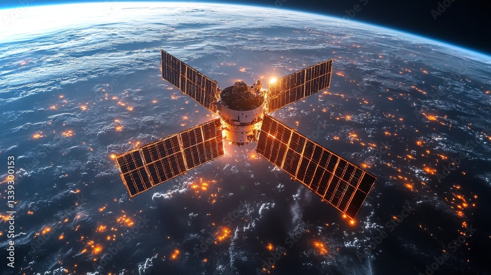 Poster this visual depicts a sophisticated satellite positioned in low earth orbit, engaging in data transm