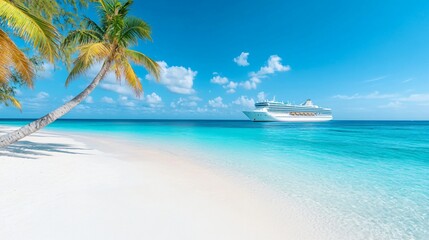 Obraz premium Tropical beach scene, clear turquoise waters meeting soft white sand under a bright sunny sky, perfect for relaxation or travel themes.