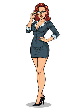 Stylized pin-up illustration of a confident secretary businesswoman in a chic blazer and skirt, wearing glasses and high heels, exuding intelligence and allure