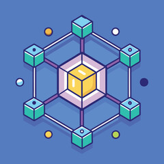 Obraz premium Geometric 3D Cube Vector with Connections, A 3D geometric cube vector design surrounded by smaller cubes and connected with lines, set against a blue background. 