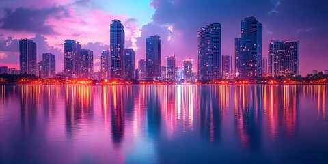 Fototapeta premium Vibrant City Skyline During Sunset with Reflections on Water