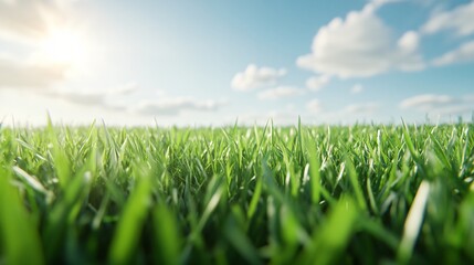 Fototapeta premium Lush green field under bright sky, vibrant grass swaying gently, ideal for nature themes and boosting relaxation.