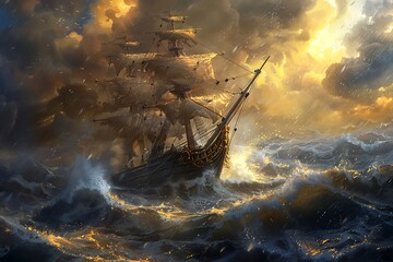 Fototapeta premium Sailing ship in stormy sea. 3d render illustration.