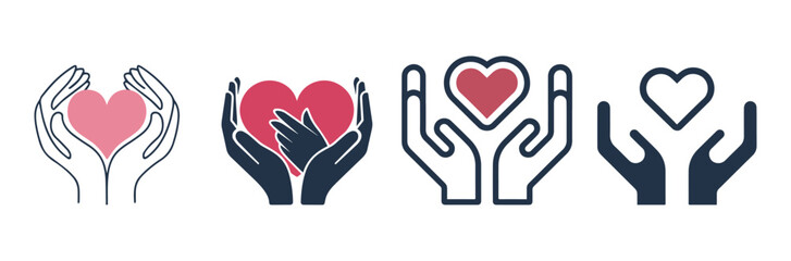 Charity icons set,Minimalist dual-tone icons featuring simple line art of hands holding a heart, representing charity, love, generosity, and community support with a clean and modern aesthetic