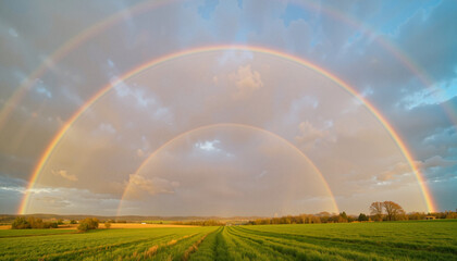 Naklejka premium Vivid double rainbow spanning vast countryside field at sunset, nature's beauty