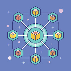 Blockchain Technology Network Vector Illustration, Vector illustration of a blockchain network with interconnected colorful blocks, symbolizing secure digital transactions and data exchange.
