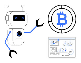 Fototapeta premium Robot gesturing towards Bitcoin icon and analytics dashboard featuring charts and statistics. Ideal for AI, blockchain, finance innovation, cryptocurrency analysis, fintech, technology, automation