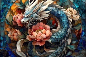 Intricate blue dragon entwined with blooming peonies in vibrant stained glass artwork