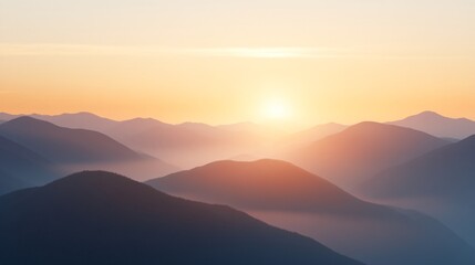 Obraz premium Sunrise over misty mountains, soft golden light illuminating rolling hills, peaceful nature scene with calm atmosphere, copy-space available.