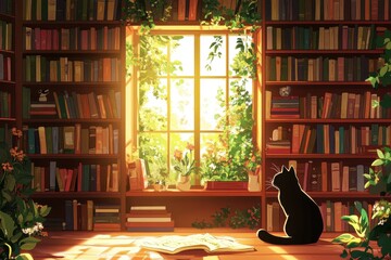 A black cat sits in a sunlit room with books and plants
