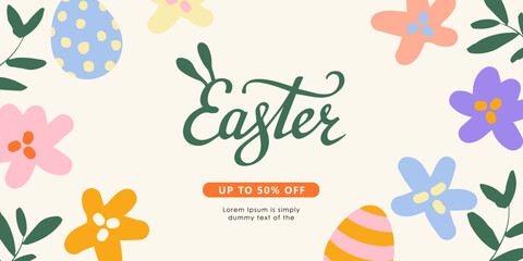 Easter background for sale promotions, social media, greeting cards, posters, holiday covers. Trendy design with typography, hand drawn flowers, eggs and bunny, in vibrant colors. Vector illustration.
