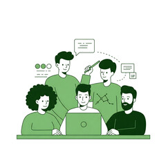 a team of five people working on a laptop, brainstorming creative ideas together, flat design illustration. They appear to be collaborating with a shared vision
