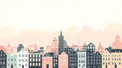 Charming Urban Skyline with Colorful Houses and Soft Clouds
