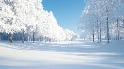 Obraz premium Serene winter landscape, vast white snow blanket, frosted trees glistening under bright blue sky, perfect for tranquil reflections.