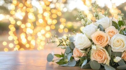 Obraz premium Elegant Peach and White Rose Bouquet Against a Sparkling Lights Background