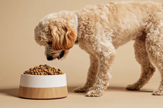 Dog eagerly inspects a bowl of kibbles on a neutral background during a midday feeding session