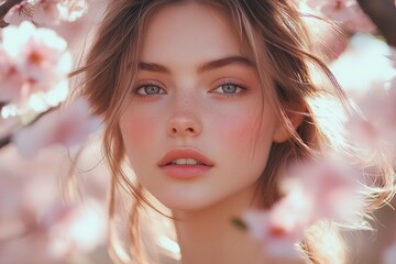 Fototapeta premium Woman with natural beauty posing among pink cherry blossoms during springtime in a vibrant outdoor garden setting