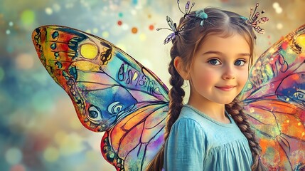 Little Girl With Colorful Butterfly Wings
