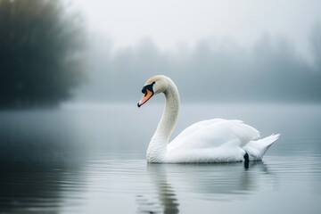 Fototapeta premium Close-up photo, swans calmly swimming in a cool, dewy lake in the morning, foggy atmosphere