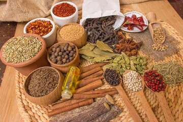 A variety of spices arranged on a straw background, showcasing rich colors and textures