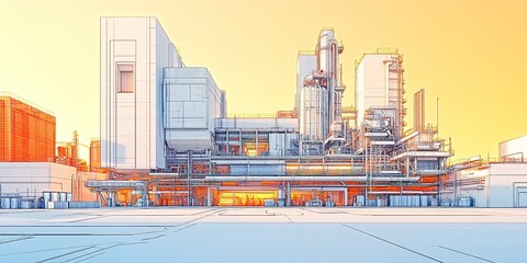 Industrial complex shows towers and pipelines during a sunny afternoon