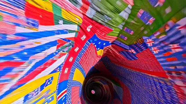 Swirling spiral tunnel featuring colorful national flags creating a dynamic and unifying design.