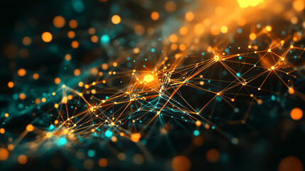 Abstract image of interconnected nodes and lines, glowing orange and teal, creating a network visualization, symbolizing connection, communication, and technology