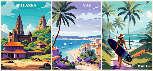 Set of Bali, Indonesia Travel destination posters in retro style. Beautiful exotic seascapes vector art illustrations