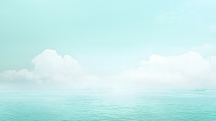 Obraz premium Serene Seascape: An expansive view of a tranquil seascape, with a gentle horizon where the turquoise water meets a serene sky. Fluffy clouds dot the tranquil sky