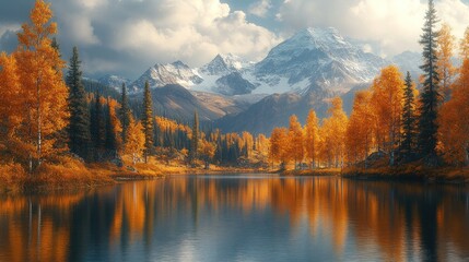 Obraz premium Autumn forest lake reflecting snowy mountain peaks under cloudy sky