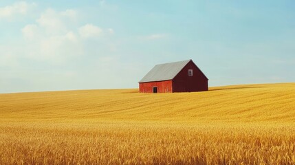 A countryside barn surrounded by golden wheat fields.