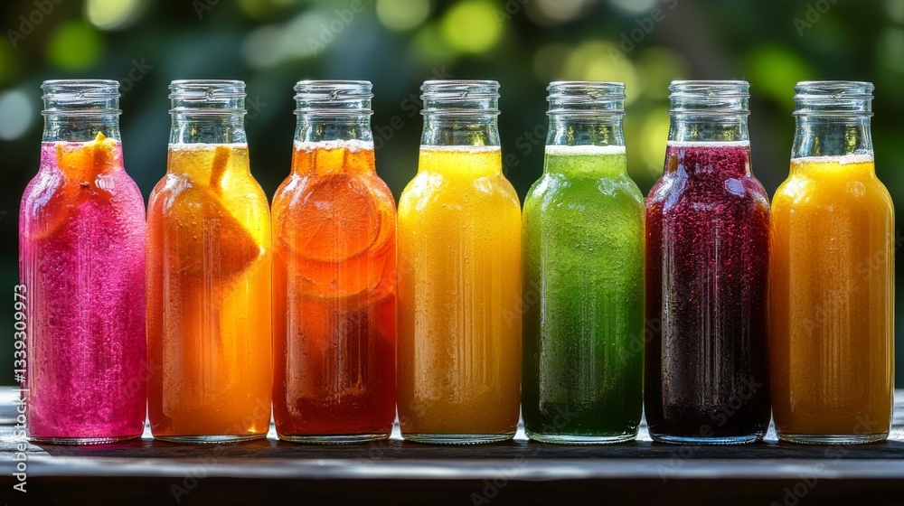 Poster bottles filled with vibrant, fresh juices are arranged neatly on a wooden table. the sunlight highli
