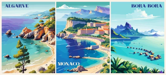  Set of Travel Destination posters in retro style. Monaco, Algarve, Bora-Bora landscape prints. Colorful vector art illustrations © Digital Nomad