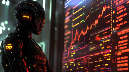 Black robot observing financial data displayed on a large screen, symbolizing technological advancement in finance, artificial intelligence, and futuristic trading