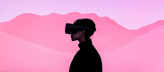 Immersed in a Pink Desert: A silhouetted figure dons a virtual reality headset, standing before a surreal pink desert landscape.
