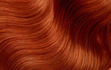 Red hair close-up as a background. Women's long orange hair. Beautifully styled wavy shiny curls. Hair coloring bright shades. Hairdressing procedures, extension.