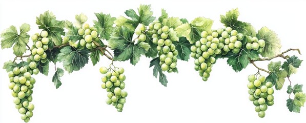 Fresh Green Grapes on Vine with Lush Leaves in Bright Colors