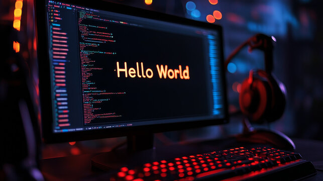 A dark-themed 4K programming wallpaper featuring "Hello World" text, perfect for coding enthusiasts