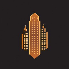 Fototapeta premium Modern skyscraper with golden hues against a dark background in a digital illustration.