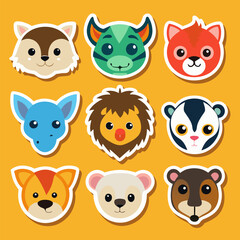 Collection of Cute Animal Cartoon Stickers on Yellow Background Graphic