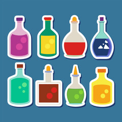 A Collection of Colorful Chemical Potions in Cartoon Style Bottles, great for science projects