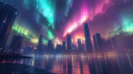 Naklejka premium A fantasy-inspired skyline with radiant facades merging with swirling auroras 