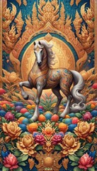 Obraz premium Colorful Horse in Floral and Ornate Background