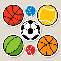 Obraz premium Colorful Ball Collection, Cartoon Style Sports Equipment Stickers with White Outline
