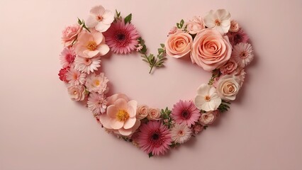 Fresh, vibrant flowers encircle a heart on a background of pastel pink. Layouts with copy space are creative. weddings, Valentine's Day, or romantic fashion trends. Generative Ai