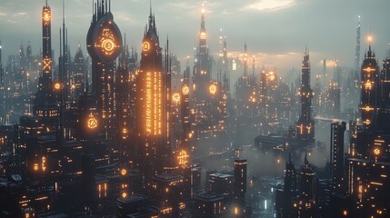 Fototapeta premium A fantasy city with facades covered in intricate glowing runes, under a twilight sky 